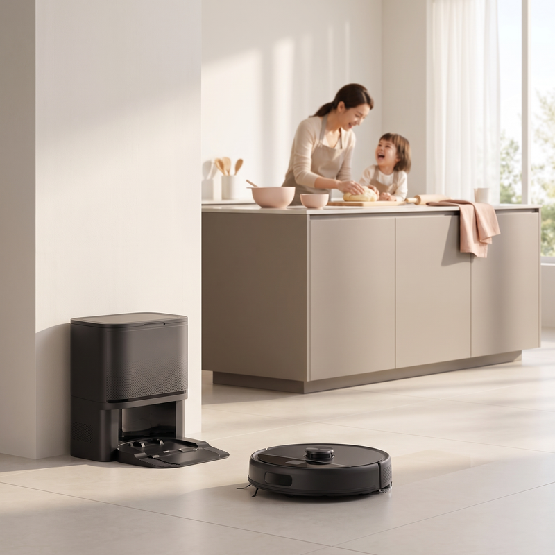 Robot aspirateur laveur SmartSweep nettoyant le sol d'une cuisine moderne