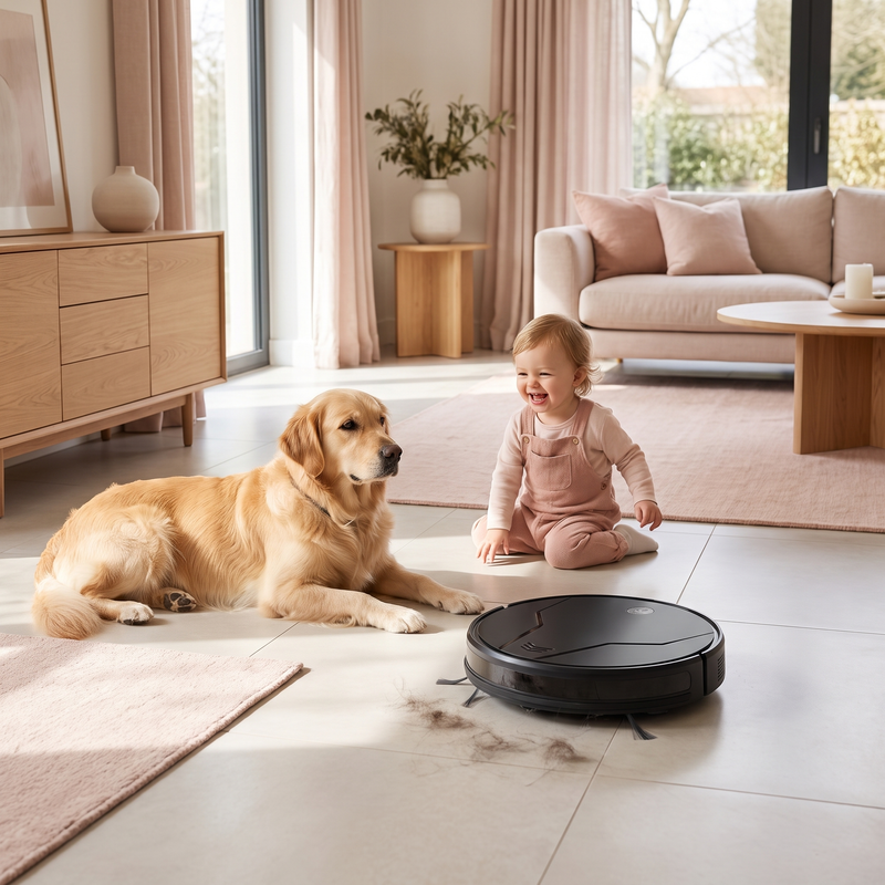 Robot aspirateur laveur SmartSweep dans une maison avec un enfant et un chien
