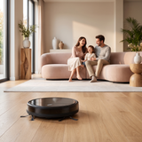 Robot aspirateur laveur SmartSweep Gyro 3500 Pa nettoyant le salon, famille détendue