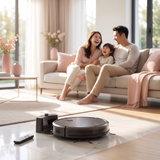 Robot aspirateur laveur SmartSweep Essential nettoyant le salon, famille détendue
