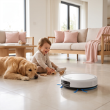 Robot aspirateur laveur connecté SmartSweep Vocal, enfant et chien à la maison