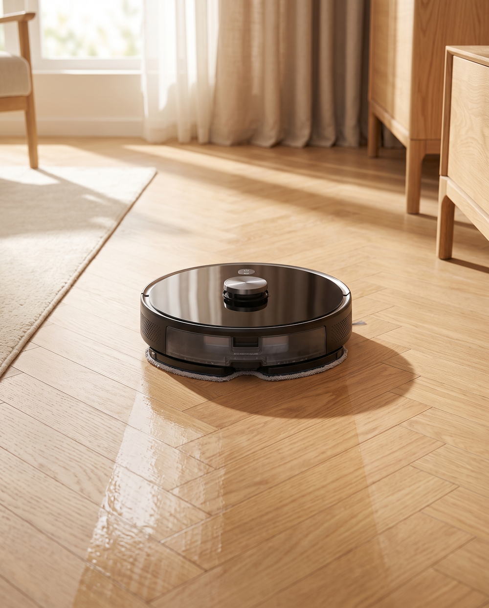 Le SmartSweep S7 lave le parquet et laisse une trace propre derriere lui