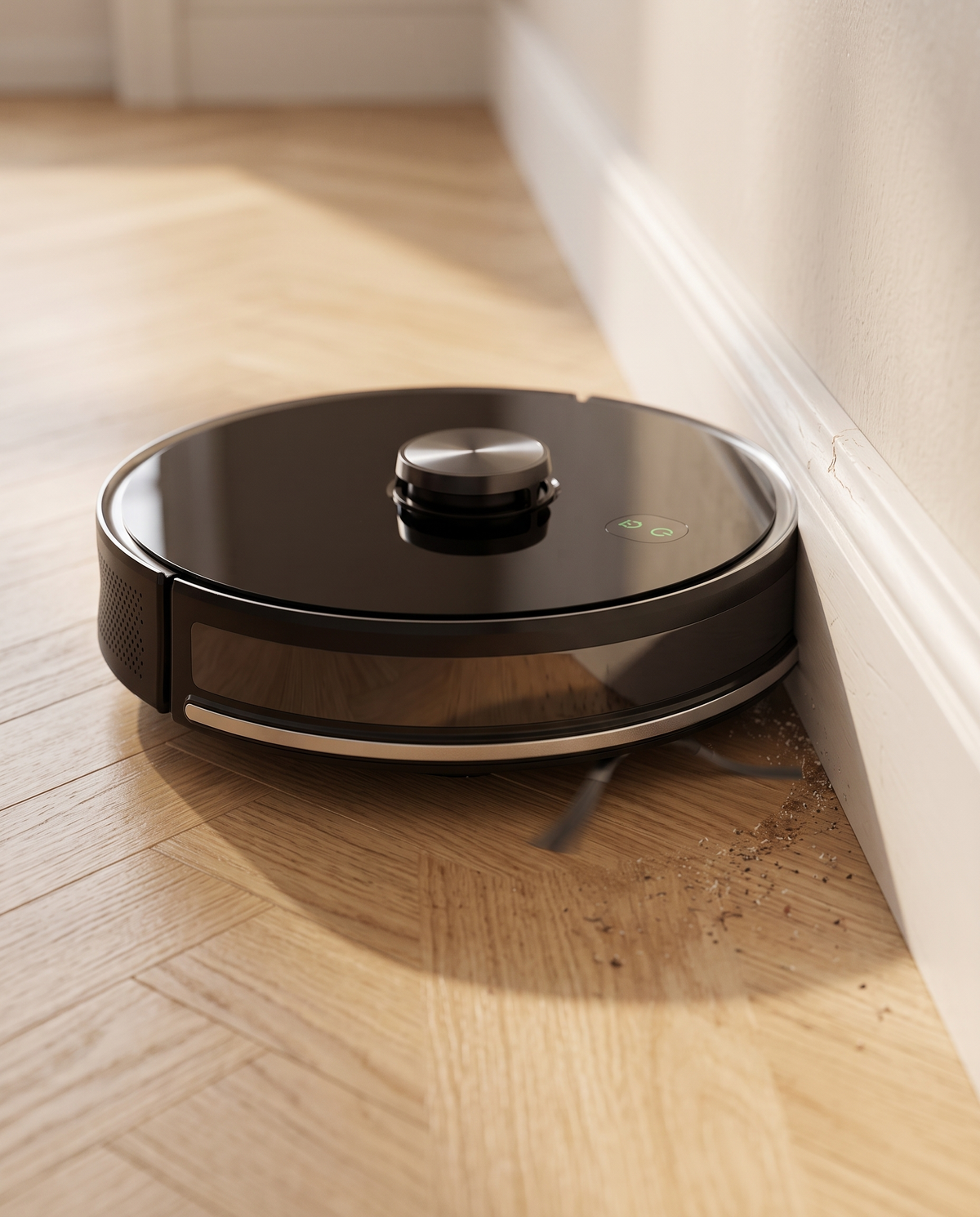Robot aspirateur SmartSweep en train de nettoyer un salon — voir les robots aspirateurs