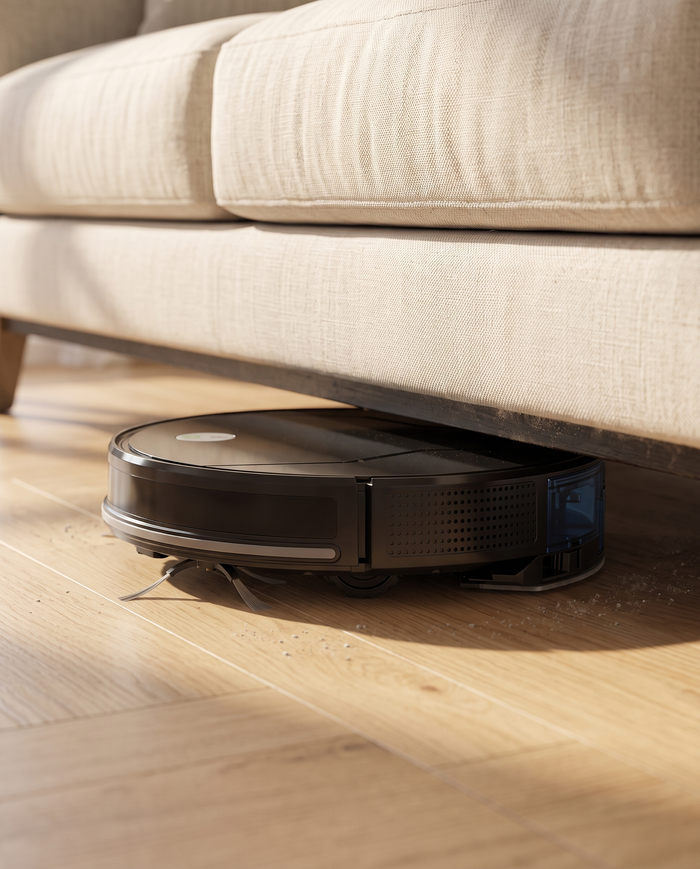 Le robot SmartSweep S5 passe sous un canape bas grace a son chassis fin