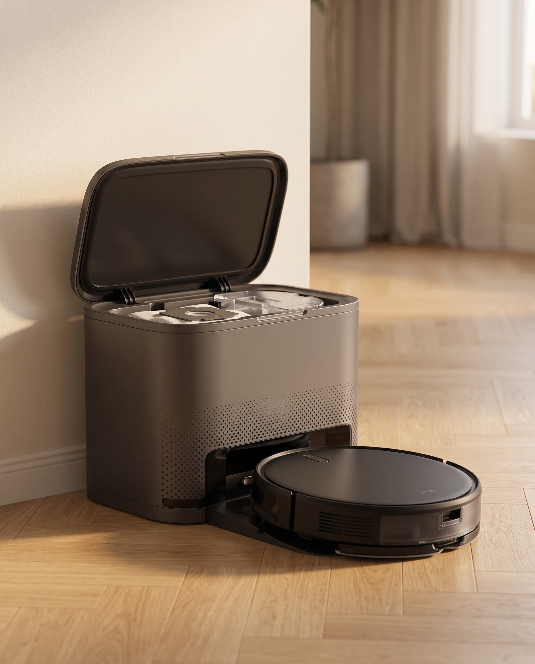 Robot laveur SmartSweep sur sa station d'auto-vidage — voir les modèles à station